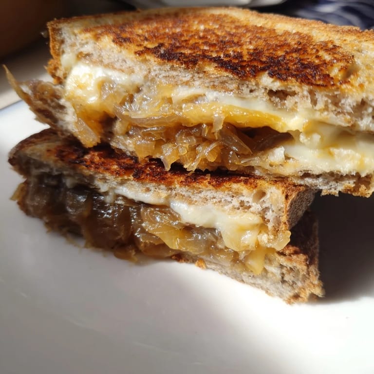Slices of buttery Caramelized Onion Grilled Cheese melted with white cheddar, perfect alongside a steaming bowl of tomato soup.
