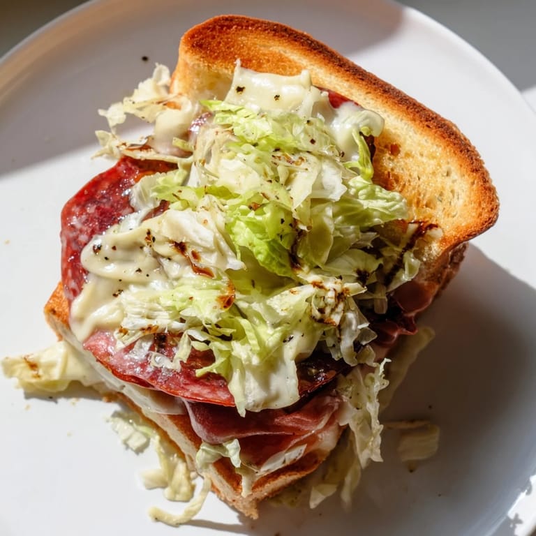 A hearty Italian Sub Grilled Cheese sliced in half to reveal a melty interior of cured meats and sharp provolone.