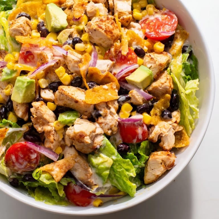 Close-up of fresh Chicken Taco Chopped Salad featuring black beans, corn, tomatoes, shredded cheese, and a generous scoop of salsa ranch on top.