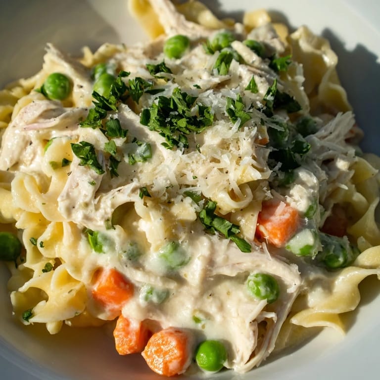 Family-style Spring Chicken Noodle Skillet served in a skillet, garnished with parsley, perfect for an easy weeknight dinner.