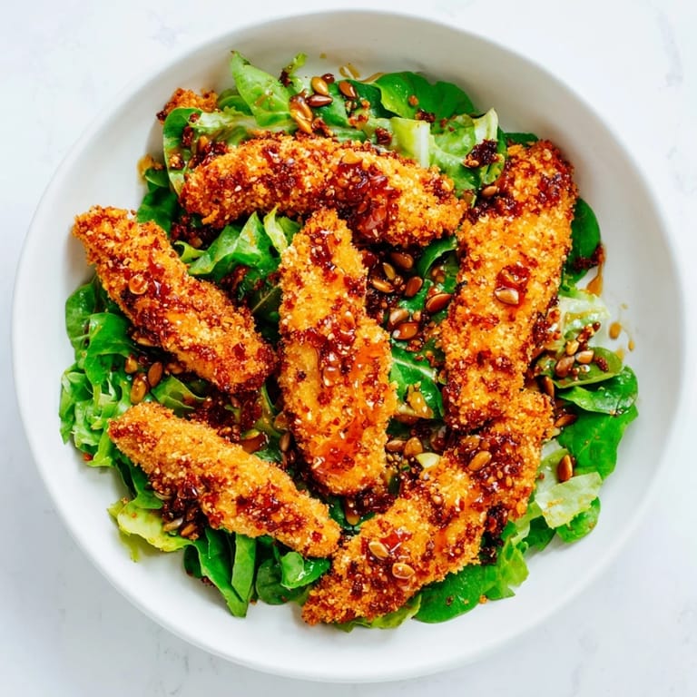 A close-up shows Crispy Hot Honey Chicken Salad, with juicy breaded chicken, halved cherry tomatoes, cucumber, and a glossy hot honey drizzle.