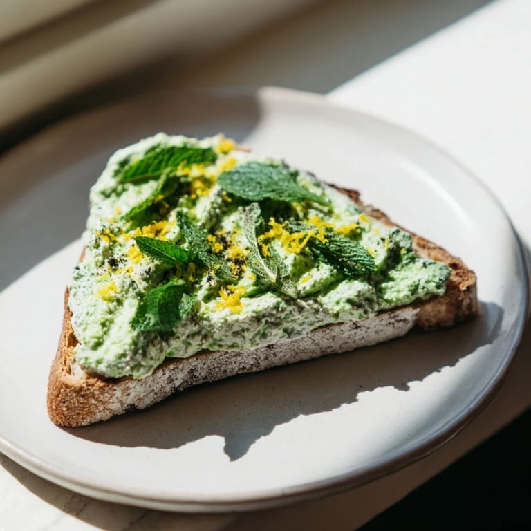 Rustic sourdough spread with creamy pea and mint ricotta, drizzled with olive oil and served with lemon wedges.