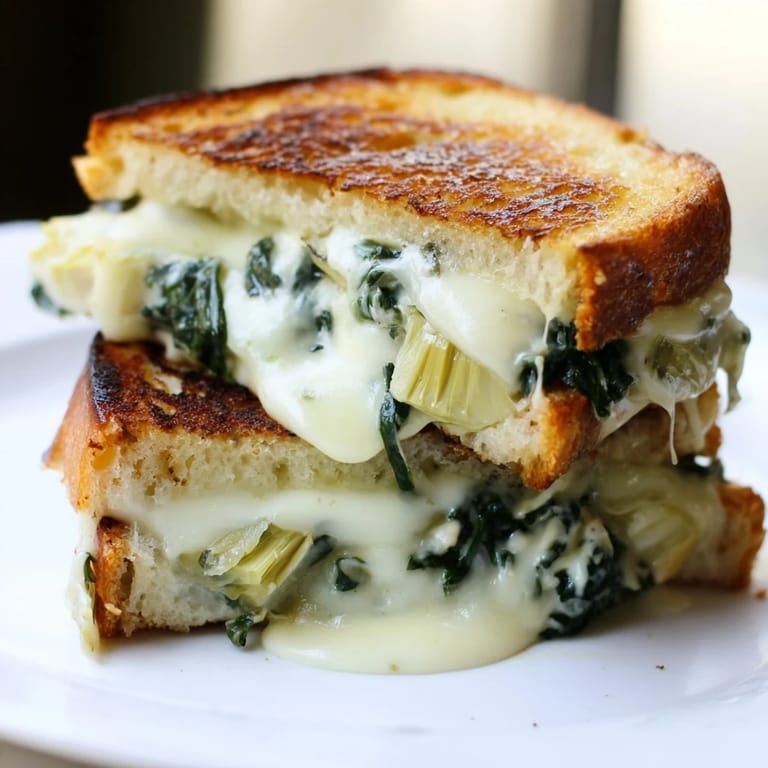 Buttery, golden-brown Artichoke Spinach Grilled Cheese slices reveal melted mozzarella and Monterey Jack inside.
