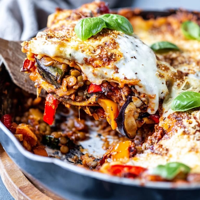 One-Pan Smoky Veggie Lentil Lasagne bubbling in a cast-iron skillet, with steam rising from the golden, cheesy top layer.
