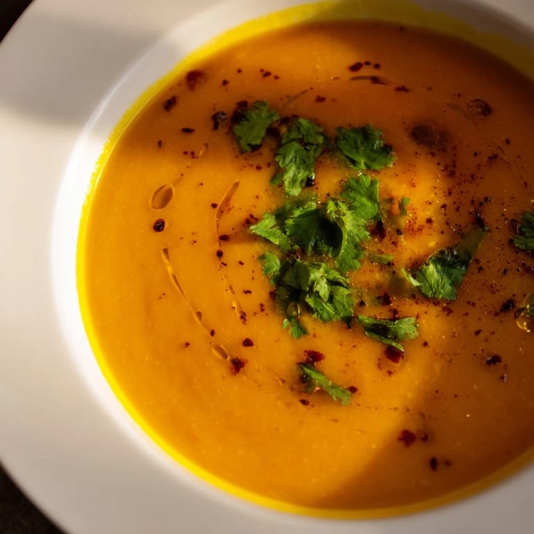 This warm, spiced butternut squash and lentil soup simmers with carrots and onions in a nourishing, gluten-free broth perfect for cozy dinners.  