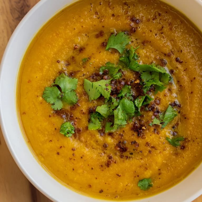 A velvety spoonful of butternut squash and lentil soup with a hint of smoked paprika and lemon, ready to enjoy with crusty bread.
