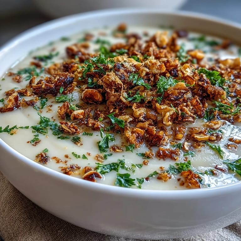 Velvety Celeriac Soup with Hazelnut Crumble, perfect for a cozy dinner.