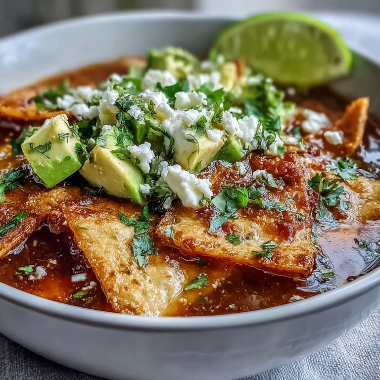 A vibrant, close-up view of Sopa Azteca with golden tortilla strips and cilantro.