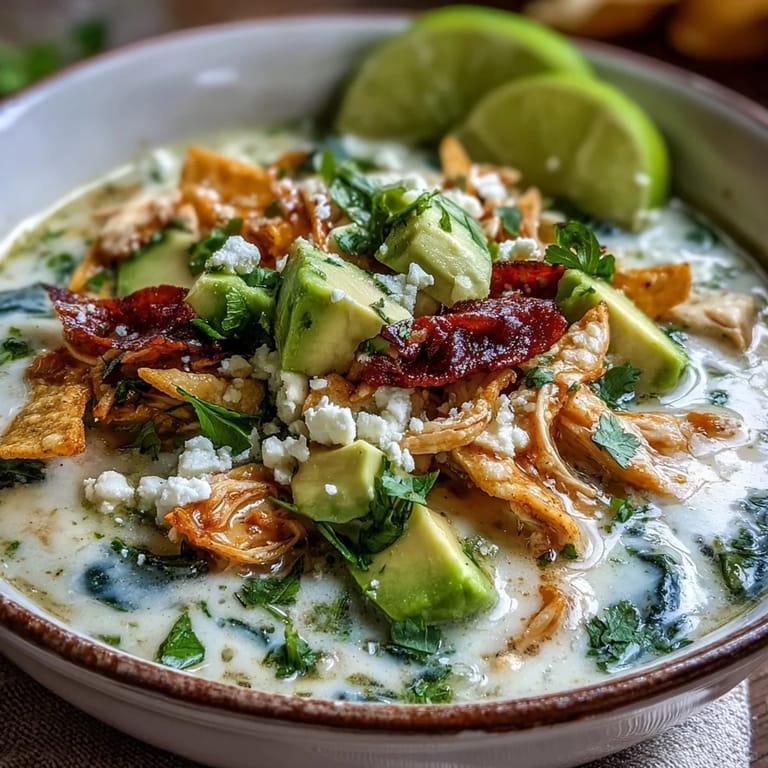 A steaming bowl of Creamy Chicken Tortilla Soup topped with cilantro and a lime wedge for brightness.