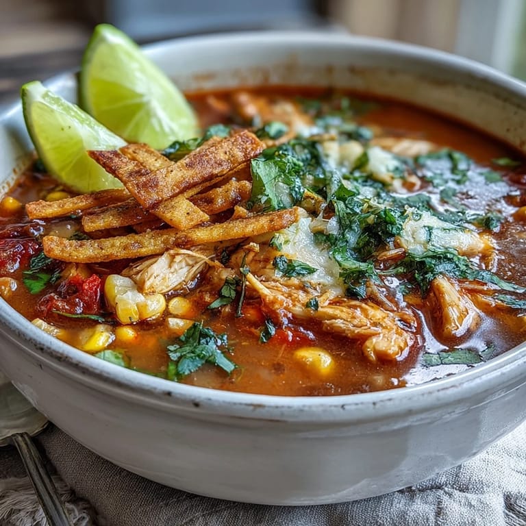 Hearty Best Chicken Tortilla Soup in a colorful bowl, garnished with creamy avocado slices and a bright lime wedge.
