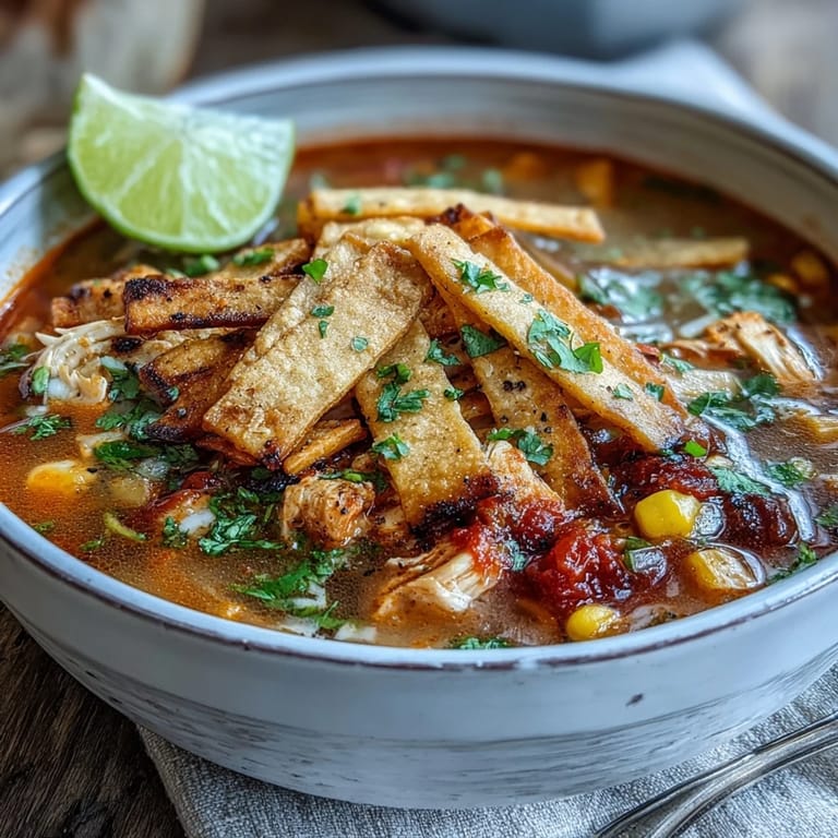 Steaming pot of Best Chicken Tortilla Soup with tender shredded chicken, corn, and tomatoes, ready for serving.