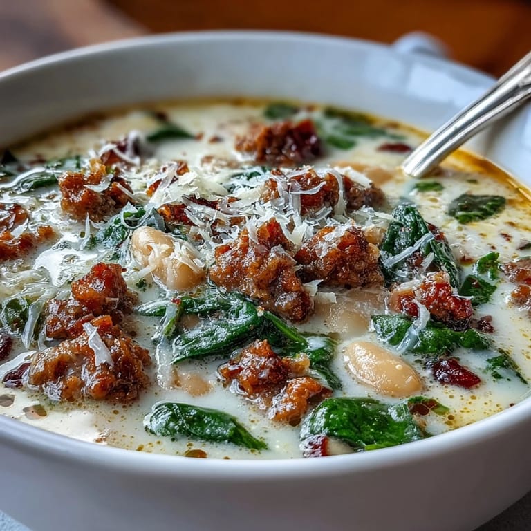 Close-up of Creamy Tuscan White Bean Soup with Sausage in a Dutch oven, steam rising from the broth.