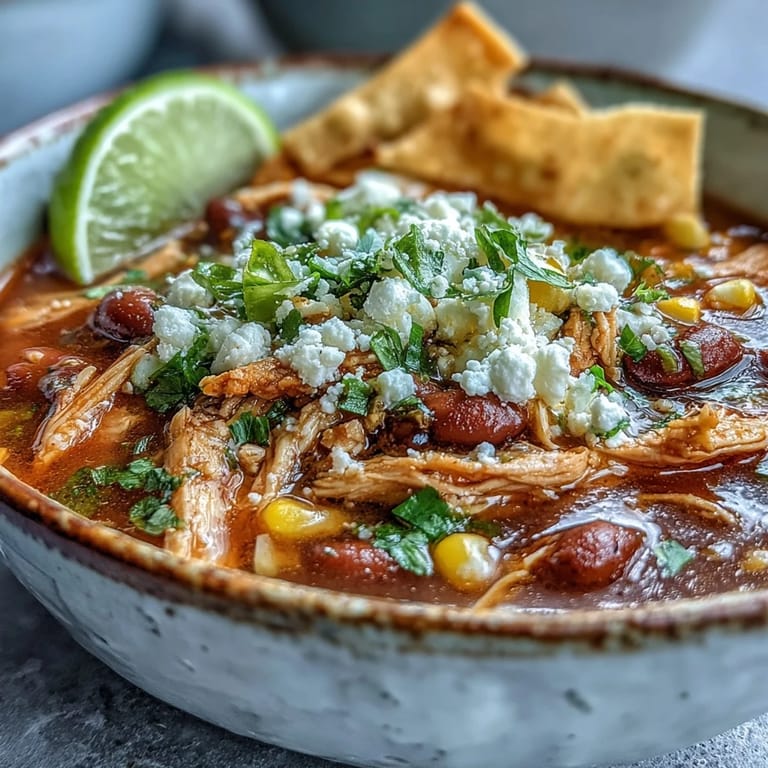 Spicy Chicken Tortilla Soup with tender shredded chicken, pinto beans, and corn, garnished with sour cream and jalapeños.