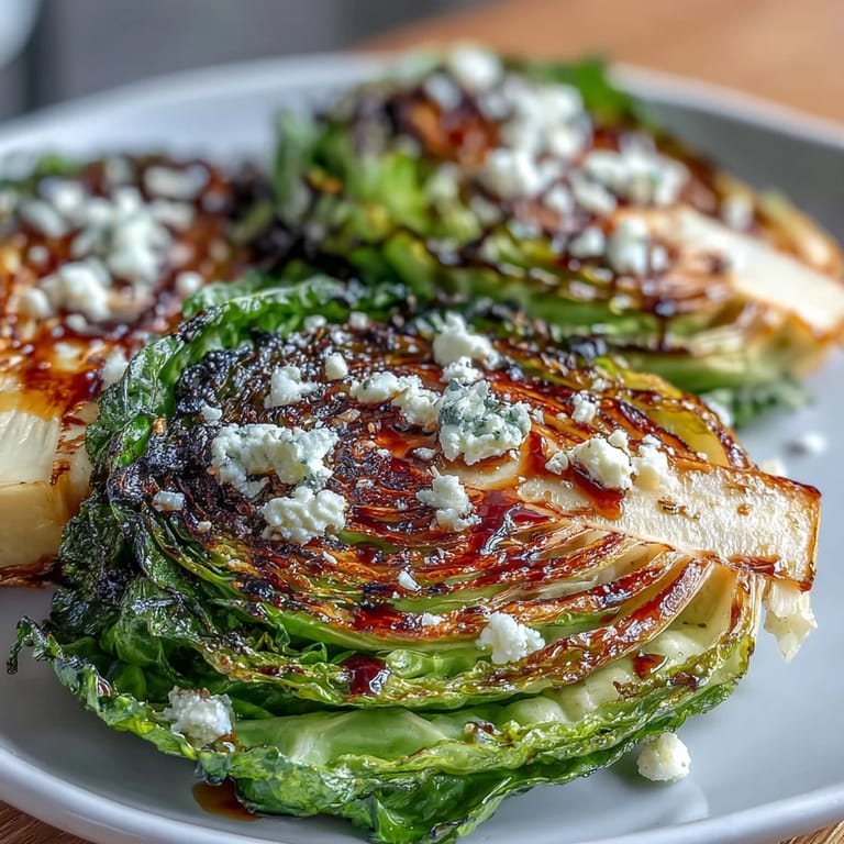 Close-up of Crispy Cabbage Steaks With Feta and Balsamic topped with tangy glaze and crumbled feta.