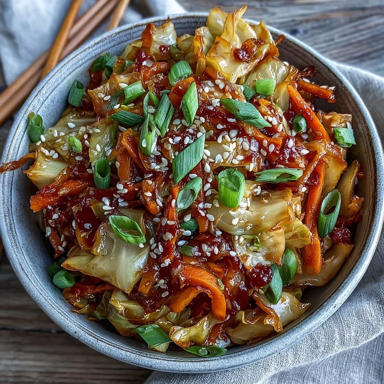 Steaming Hot and Sour Cabbage glistens with toasted sesame oil and tiny sesame seeds, ready to be eaten. Sliced scallions and chili flecks add color beside a heap of fluffy white rice.