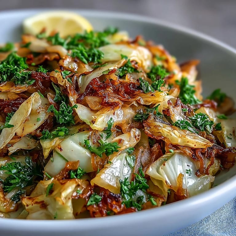 Tender sautéed cabbage with garlic and Mediterranean spices, a golden brown vegan side dish ready to serve.