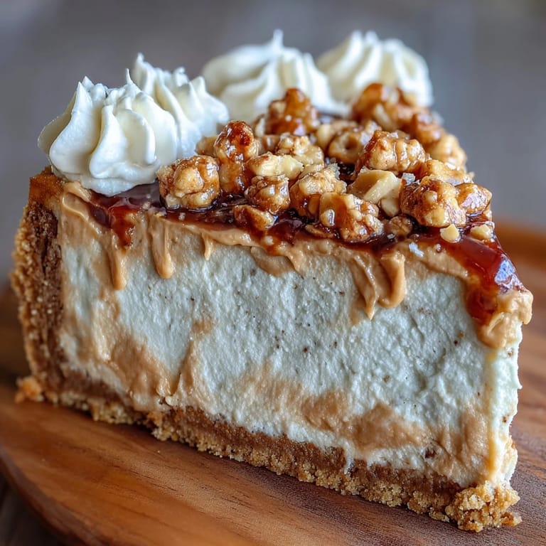 Smooth peanut butter swirls and whipped cream top a rich Nutter Butter Cheesecake, ready to serve.