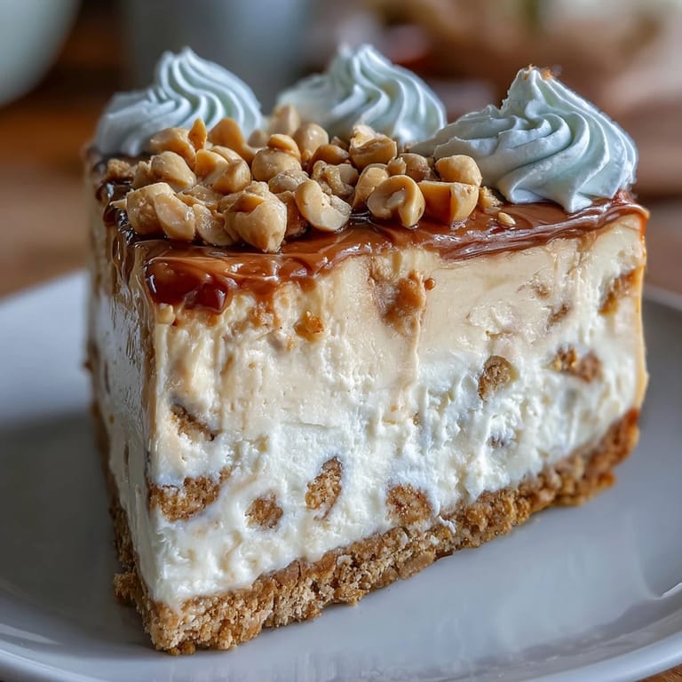 Golden Nutter Butter Cheesecake with chopped peanut garnish, sliced and plated for a crowd.