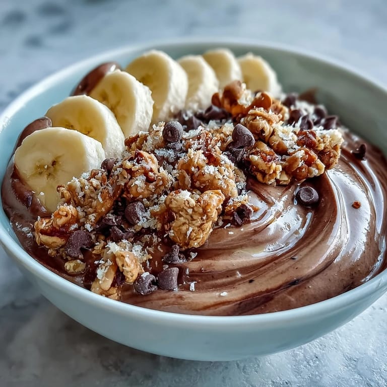 Two rich chocolate Chunky Monkey Smoothie Bowls garnished with hemp seeds, cacao nibs, and sliced banana. 