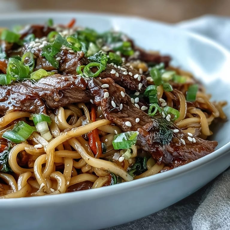 Tender strips of beef and crisp vegetables rest on glossy rice noodles in a steaming bowl, garnished with green onions and sesame seeds.