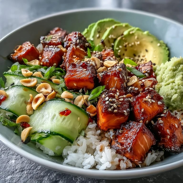 Fusion Avocado Salmon Bowl with zesty wasabi, tamari-glazed salmon, and fresh cucumber, spring onions, and sesame seeds.
