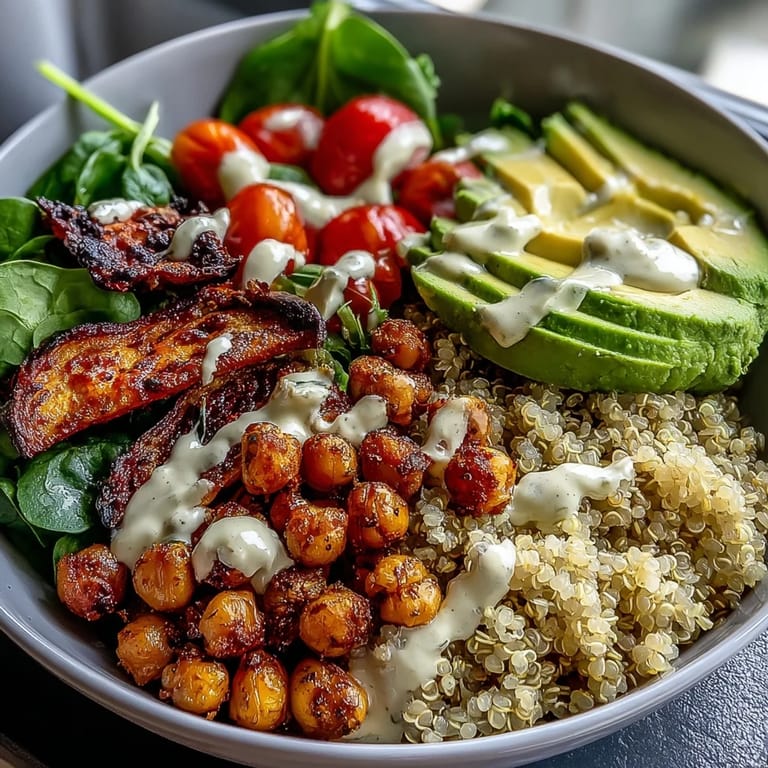 Colorful vegan Buddha Bowl loaded with fluffy quinoa, avocado, and greens for lunch.