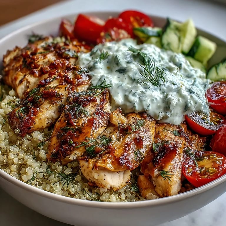 Top-down view of Greek Chicken Power Bowl ingredients, marinated chicken breast, fluffy quinoa, and fresh toppings ready for assembly.