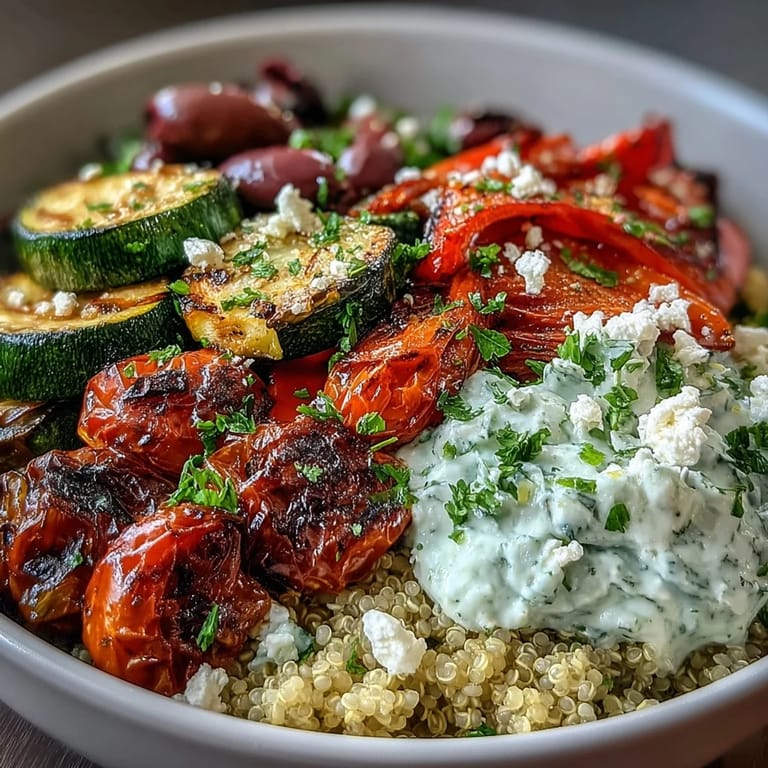 Close-up of a Mediterranean Buddha Bowl featuring colorful roasted zucchini and peppers, creamy hummus, Greek yogurt, crumbled feta, and juicy cherry tomatoes.
