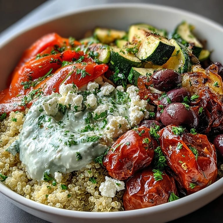 A nourishing Mediterranean Buddha Bowl on a rustic table, topped with Kalamata olives, chickpeas, and tangy feta, garnished with parsley and lemon.