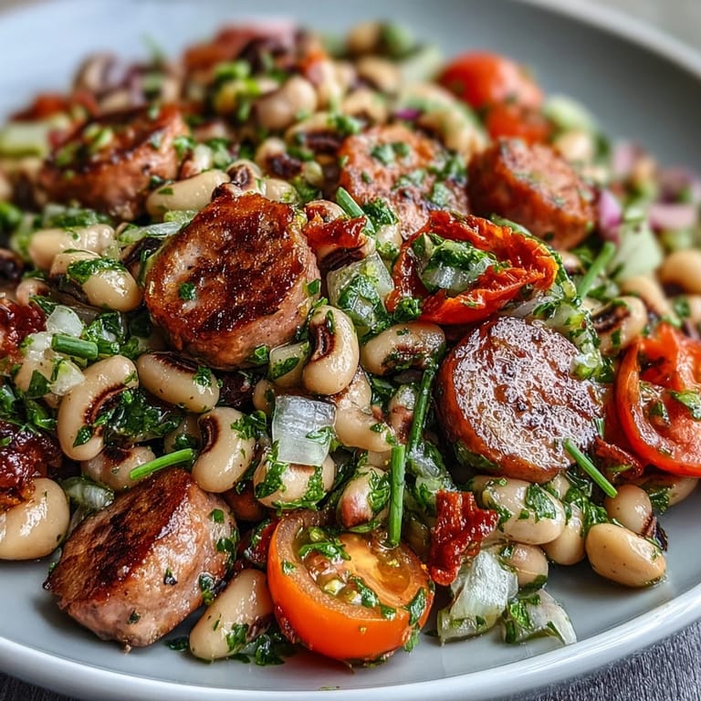Close-up on Hoppin' John Style Black-Eyed Pea Salad with Turkey Sausage and a drizzle of mustard dressing.