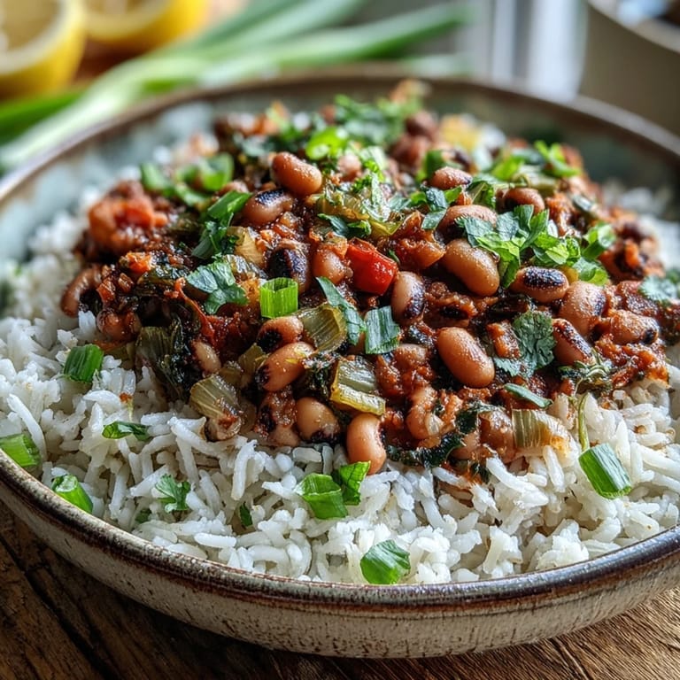 A steaming pot of Vegetarian Hoppin John showcases smoky black-eyed peas, diced vegetables, and savory seasonings, ready to serve over rice.