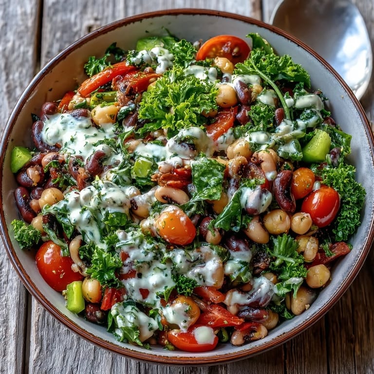 Close-up view of New Years Hoppin John Salad showcasing crisp celery, red bell pepper, and green onions coated in a smoky tahini dressing.