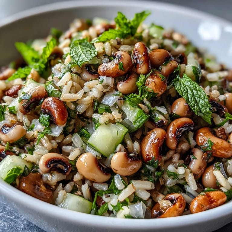 A close-up view of the Southern Black Eyed Pea Salad highlighting fresh ingredients tossed in a glistening homemade lemon vinaigrette.