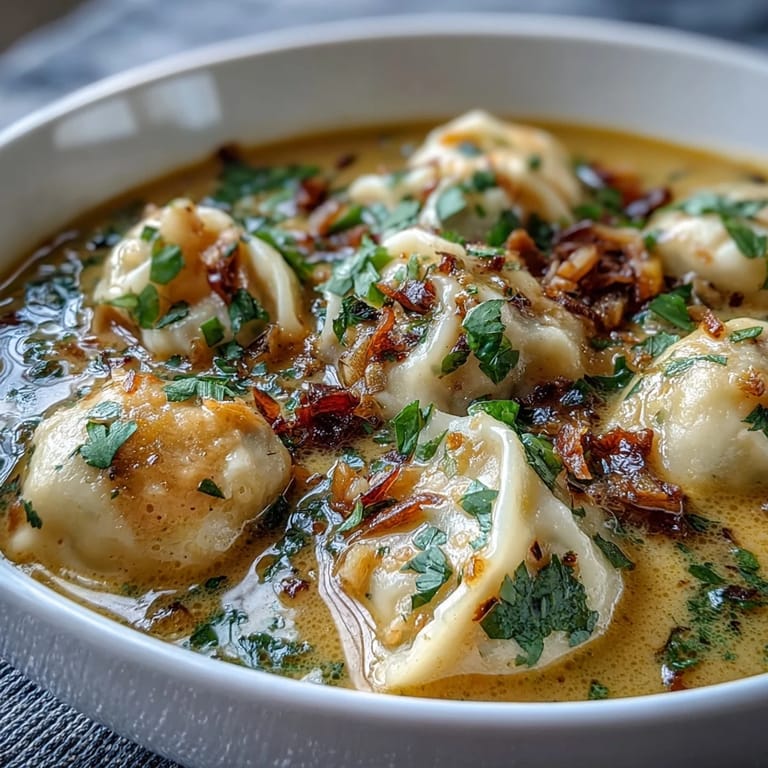 Serving suggestion: Quick Coconut Curry Soup with Dumplings garnished with scallions and crunchy garlic topping.