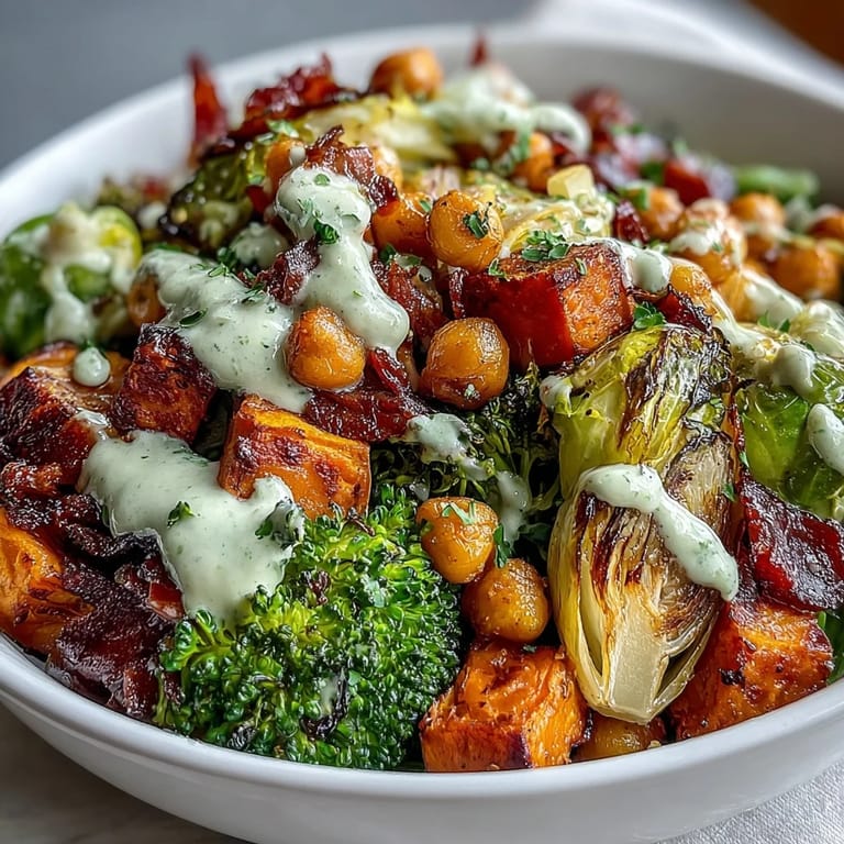 A hearty vegan bowl with roasted sweet potato, Brussels sprouts, and a creamy Maple Dijon Tahini dressing.