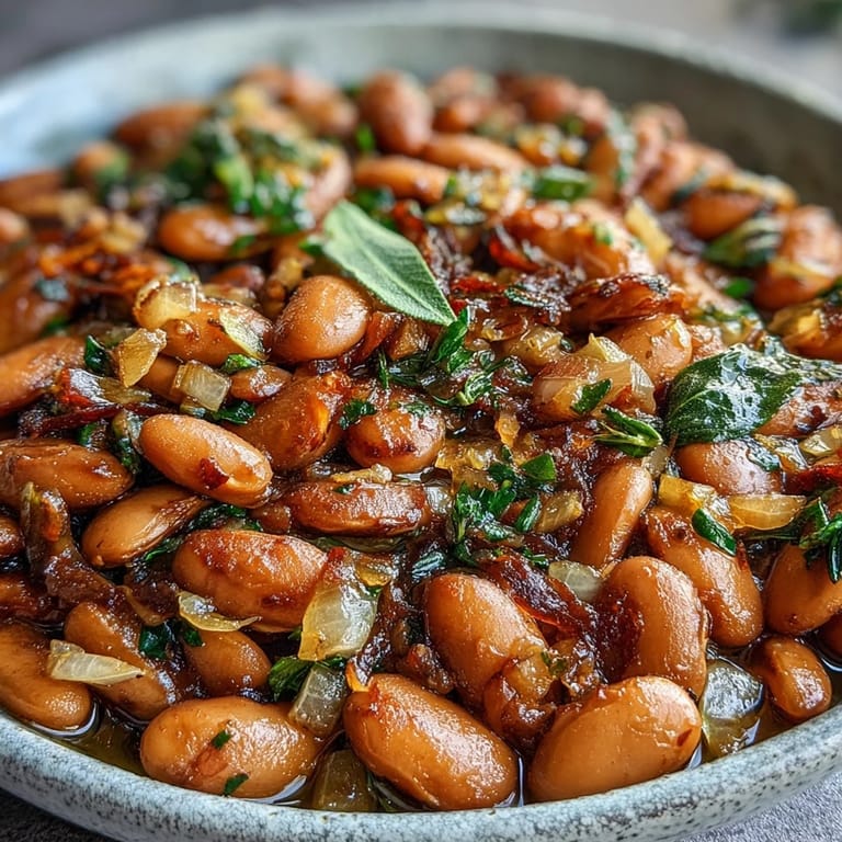 Slow-simmered pinto beans with bay leaves, served warm from a pot with olive oil and aromatics.