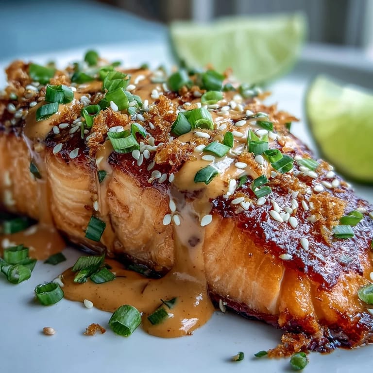 Golden pan-seared Bang Bang Salmon topped with tangy sauce, lime wedges, and fresh herbs for a vibrant weeknight dinner.