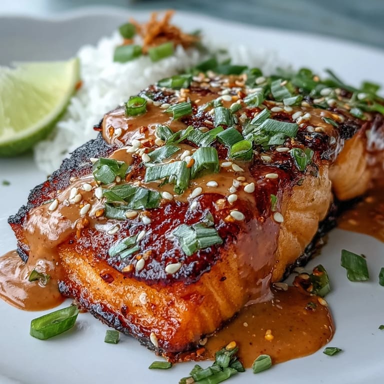 Tender grilled Bang Bang Salmon fillet drizzled with creamy spicy sauce, served alongside steaming white rice and colorful vegetables.