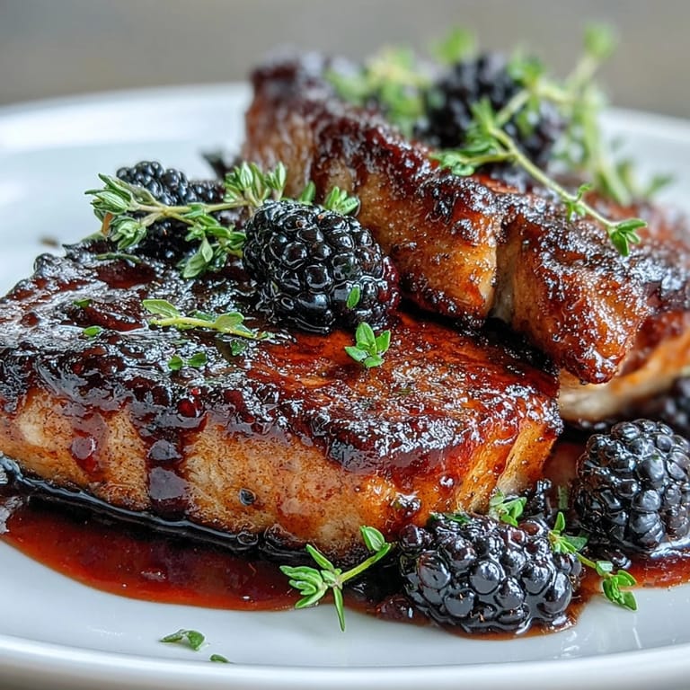 Sizzling Bourbon Blackberry Pork Chops glazed in a skillet, topped with fresh blackberries.