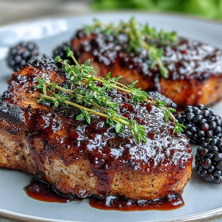 Garnished Bourbon Blackberry Pork Chops with thyme, served over creamy mashed potatoes.