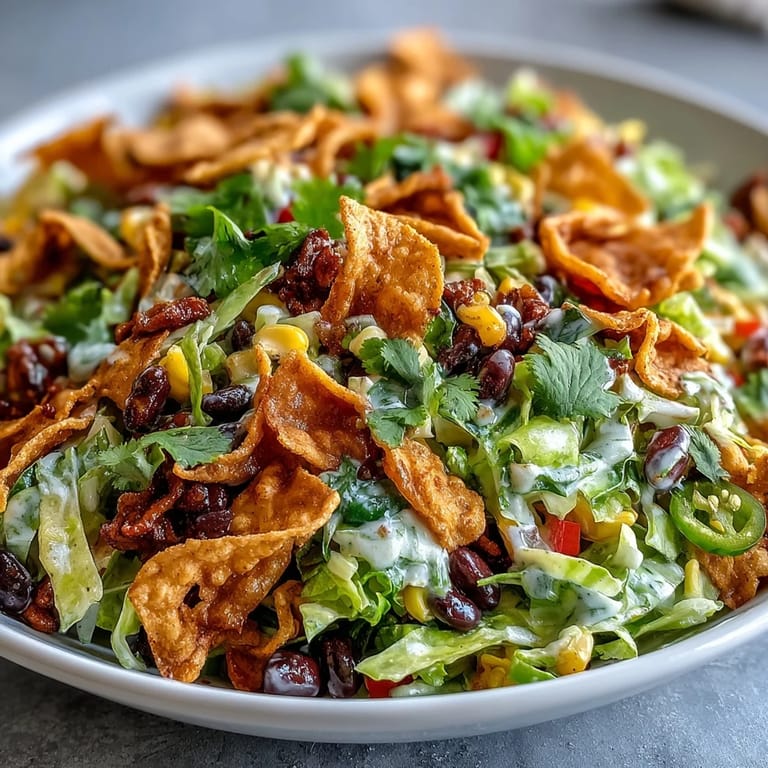 Serving suggestion for Frito Cowboy Cabbage salad with Chili Cheese Fritos garnish, lime wedges, and cilantro on a rustic table.