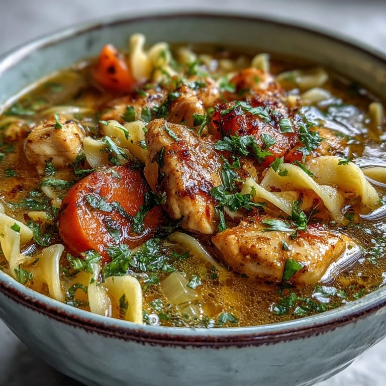 Hearty bowl of golden Ginger Turmeric Chicken Soup with egg noodles and coconut milk, perfect for a cozy meal.