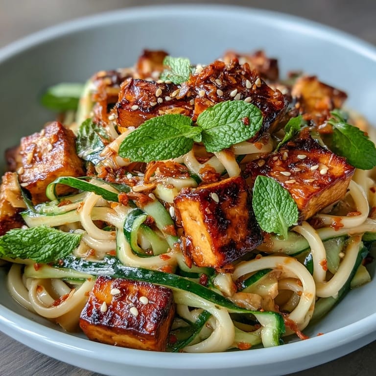 TikTok-Style Chili Crisp Cucumber Noodle Bowls topped with golden pan-fried tofu and fresh scallions.