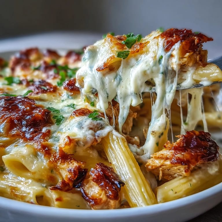 Creamy Buffalo Ranch Chicken Pasta Bake served in a white casserole dish, steam rising from the melted cheese.