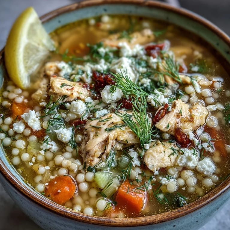 Close-up of steaming Greek Chicken & Pearl Couscous Soup, featuring lemon wedges and tender vegetables in a rich broth.