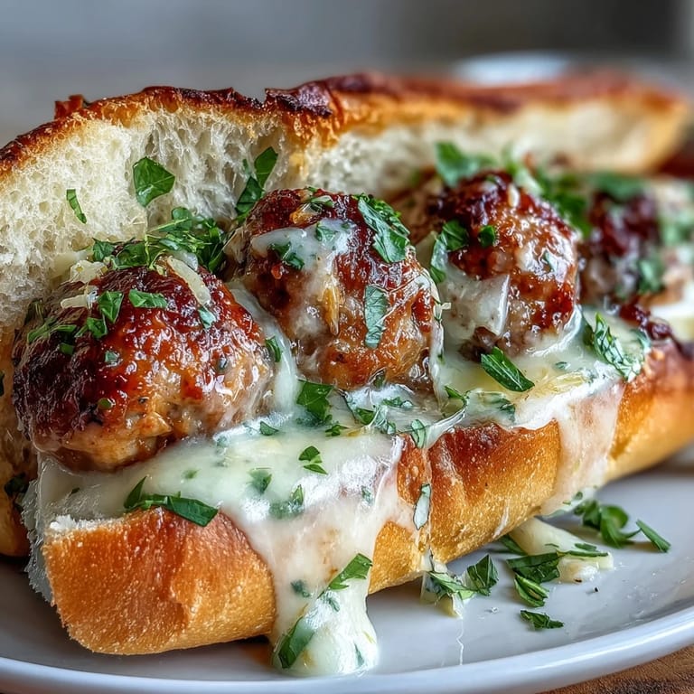 Savory Garlic Parmesan Turkey Meatball Subs, garnished with fresh parsley, ready to serve alongside a crisp, colorful garden salad.