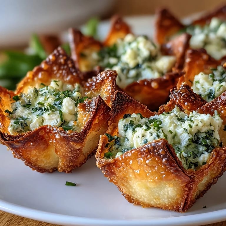 Freshly baked Crispy Spinach Feta Wonton Cups are arranged on a rustic wooden board, topped with chopped dill and ready to eat.