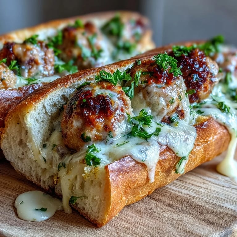 Toasted sub rolls stuffed with saucy Garlic Parmesan Turkey Meatball Subs, ready to serve alongside a crisp salad.
