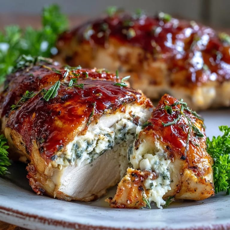 Freshly baked Hot Honey Ricotta Stuffed Chicken served with roasted vegetables and lemon wedges, showing melted cheese peeking out from the golden crust.