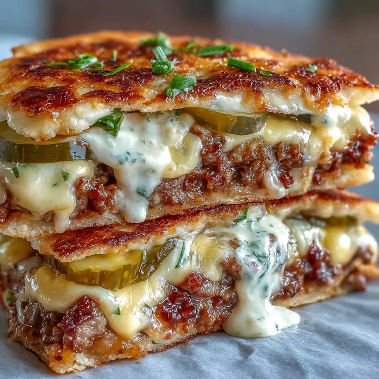 Melted cheddar and savory beef topped with tangy dill pickles on mini Garlic Naan Pizzas.